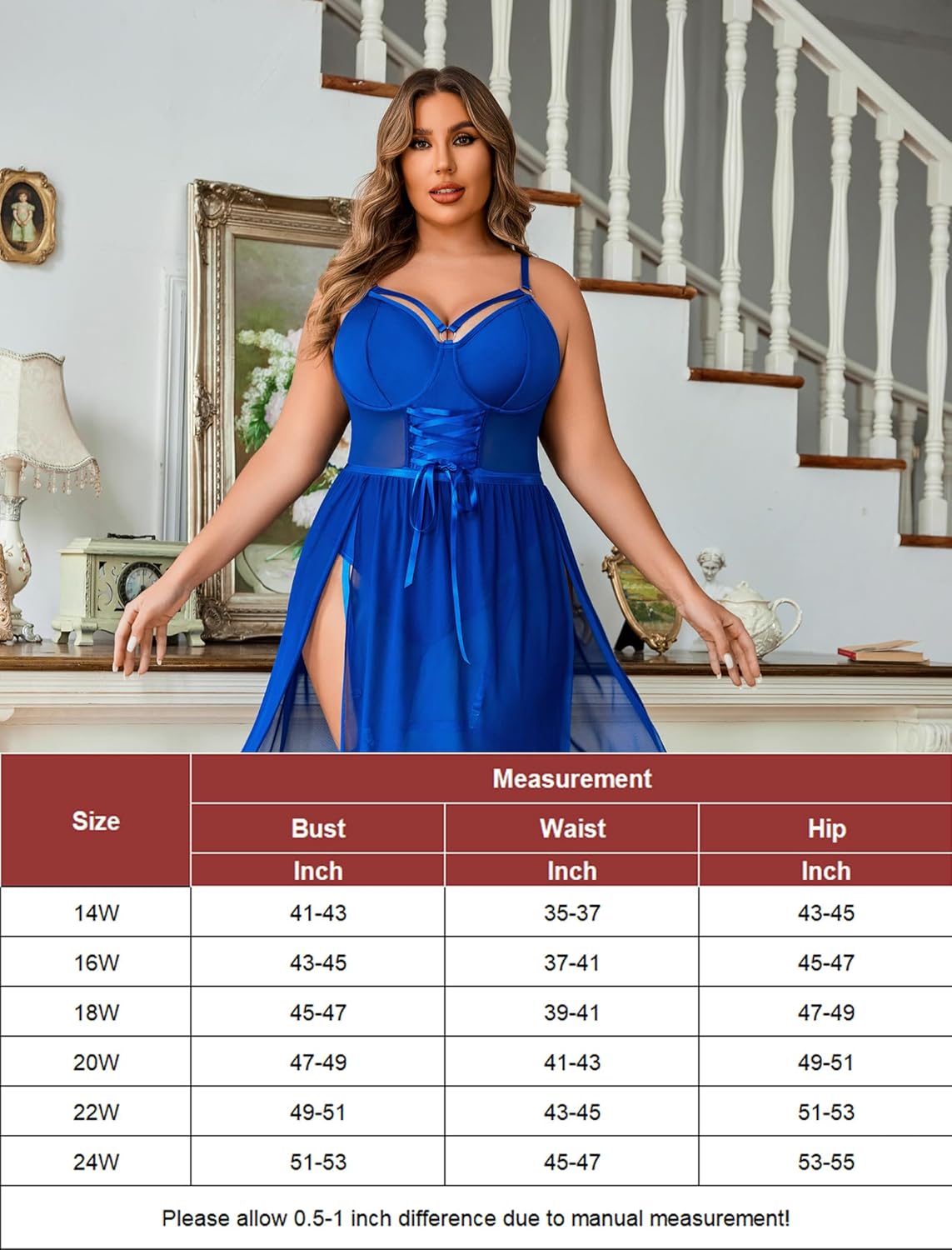 Plus size blue lingerie bodysuit with high slit dress and size chart. Sexy and confident design.