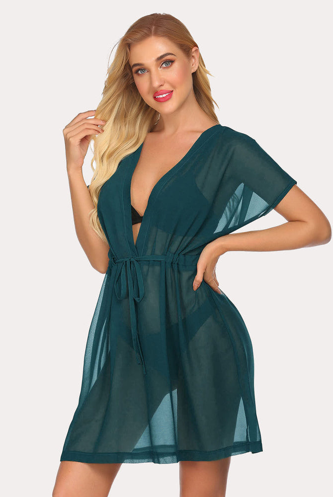 Teal Chiffon Beach Coverup with Deep V-neck and Drawstring Waist by Avidlove