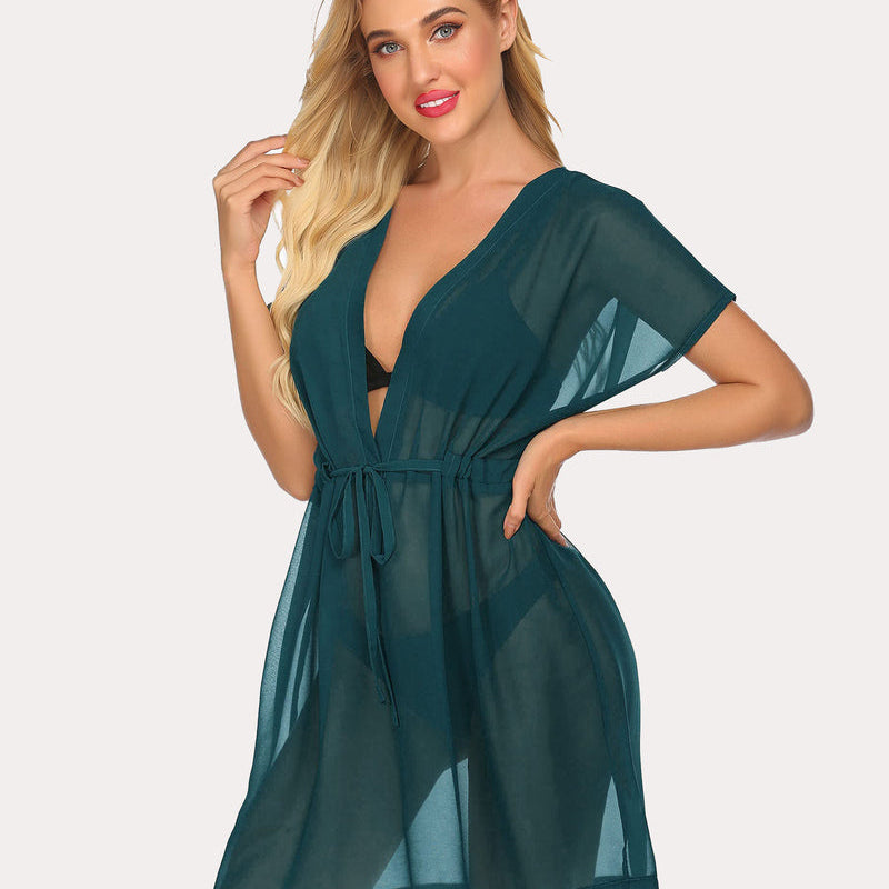 Teal Chiffon Beach Coverup with Deep V-neck and Drawstring Waist by Avidlove