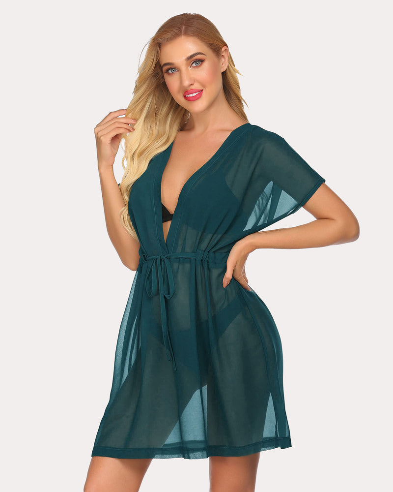 Teal Chiffon Beach Coverup with Deep V-neck and Drawstring Waist by Avidlove
