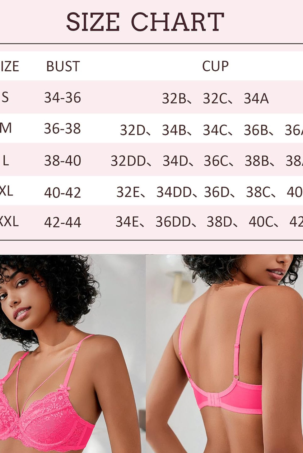 Lace bra size chart with models wearing pink strappy bras. Underwire support and see-through design.