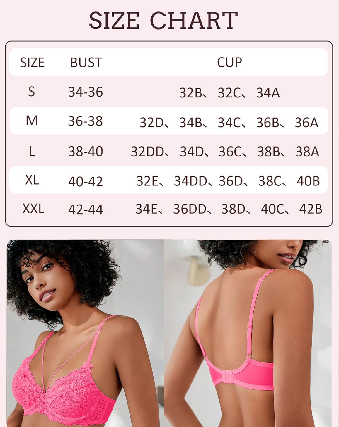 Lace bra size chart with models wearing pink strappy bras. Underwire support and see-through design.