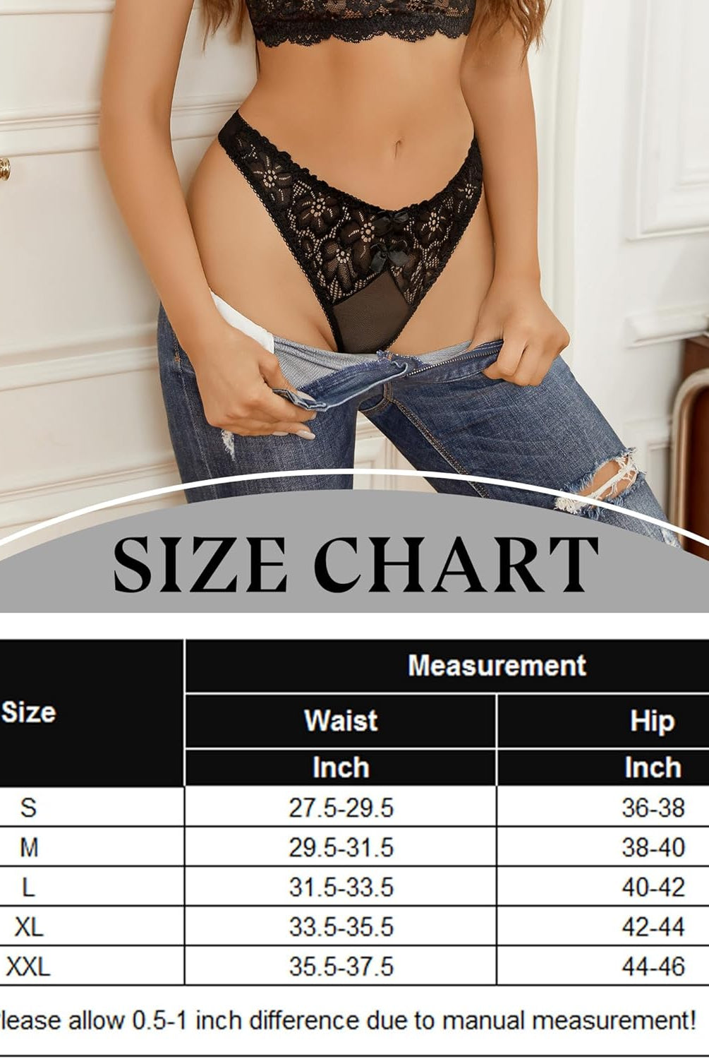 Black lace thong with bow detail, low waist panties, size chart with waist and hip measurements.