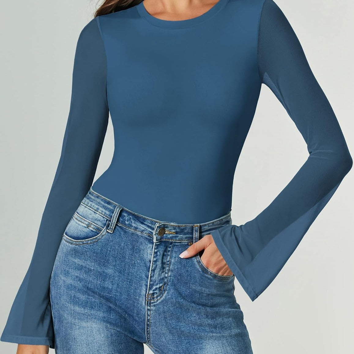 Bell Long Sleeve Bodysuits Mesh Leotard Tops