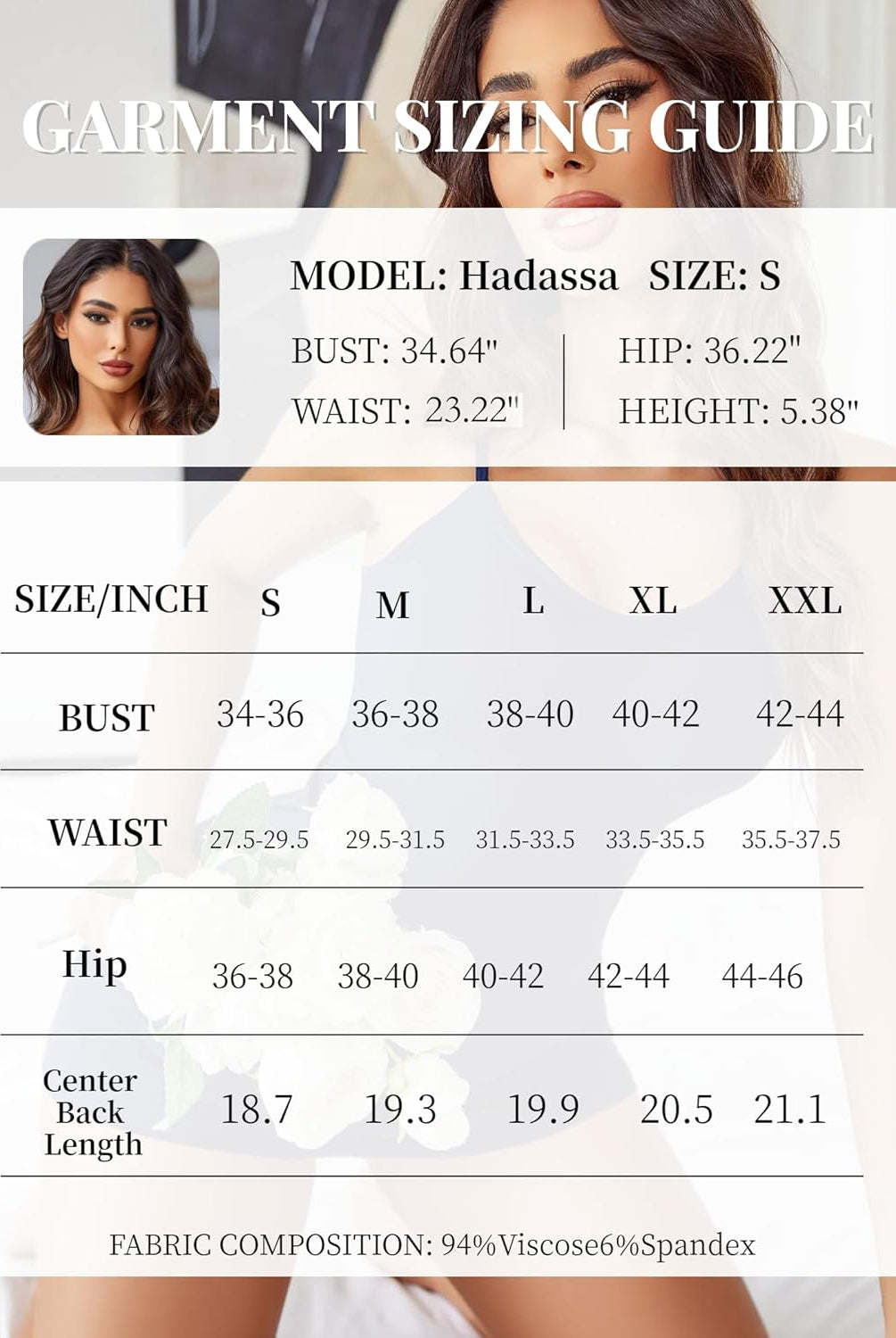 Lingerie size chart with model Hadassa's measurements and fabric details: 94% Viscose, 6% Spandex