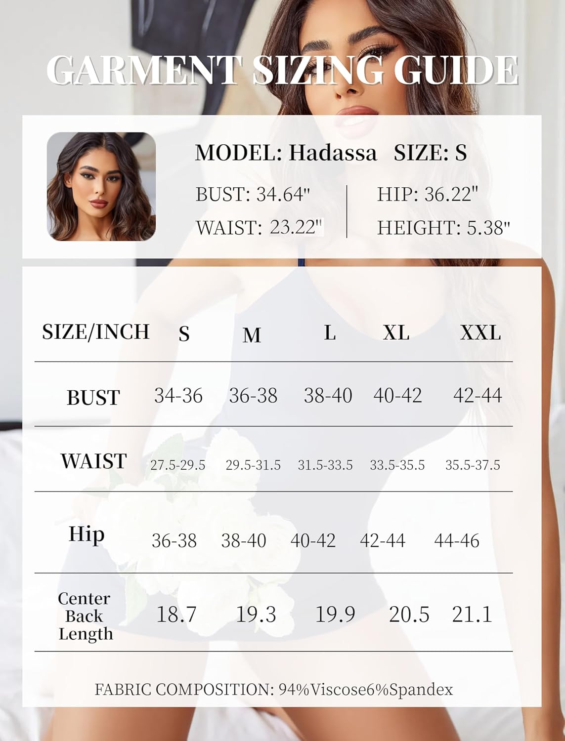 Lingerie size chart with model Hadassa's measurements and fabric details: 94% Viscose, 6% Spandex
