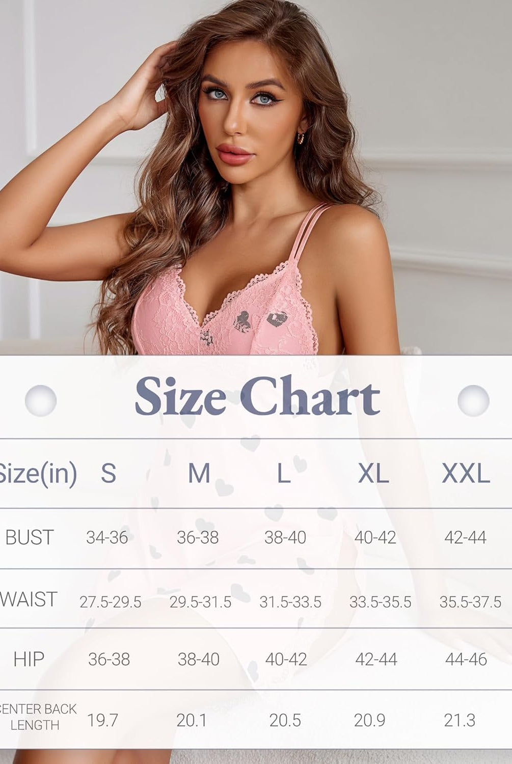 Avidlove pink lace chemise, Strap Side Slit Sleepwear, size chart, sexy lingerie