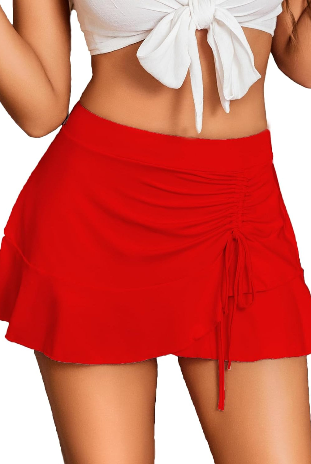 Red pleated drawstring wrap mini skirt, stylish and sexy, perfect for women's confidence and charm.