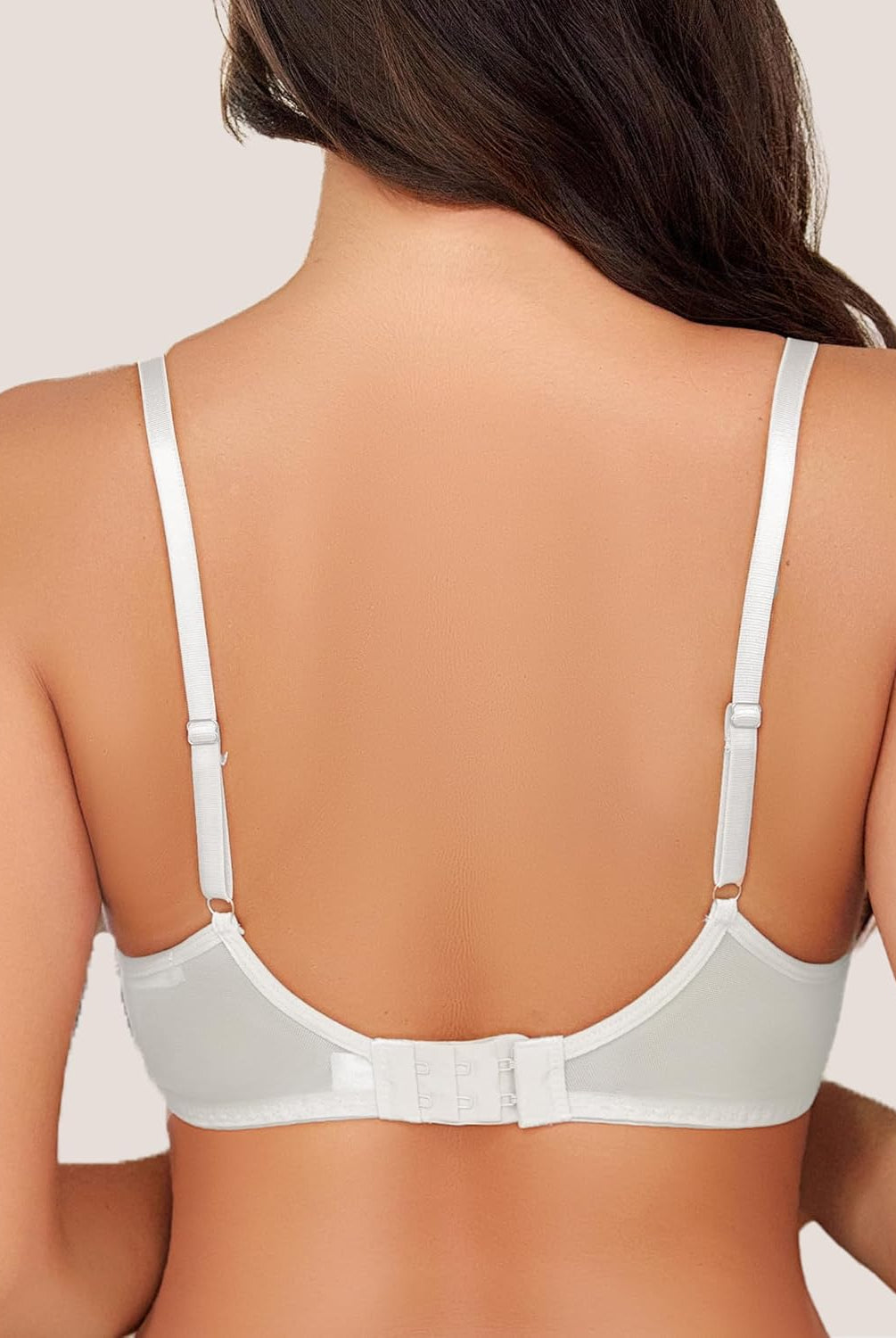 White sheer mesh unlined underwire bra back view, adjustable straps, and hook closures