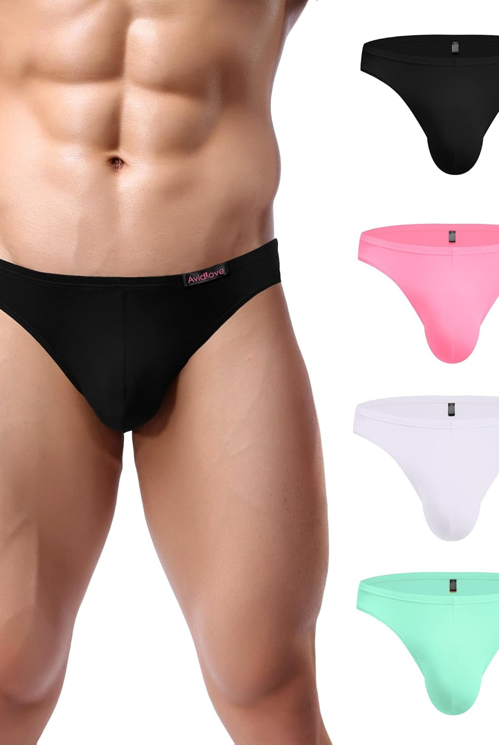 Men's low-rise hip briefs in black, pink, white, and mint green colors