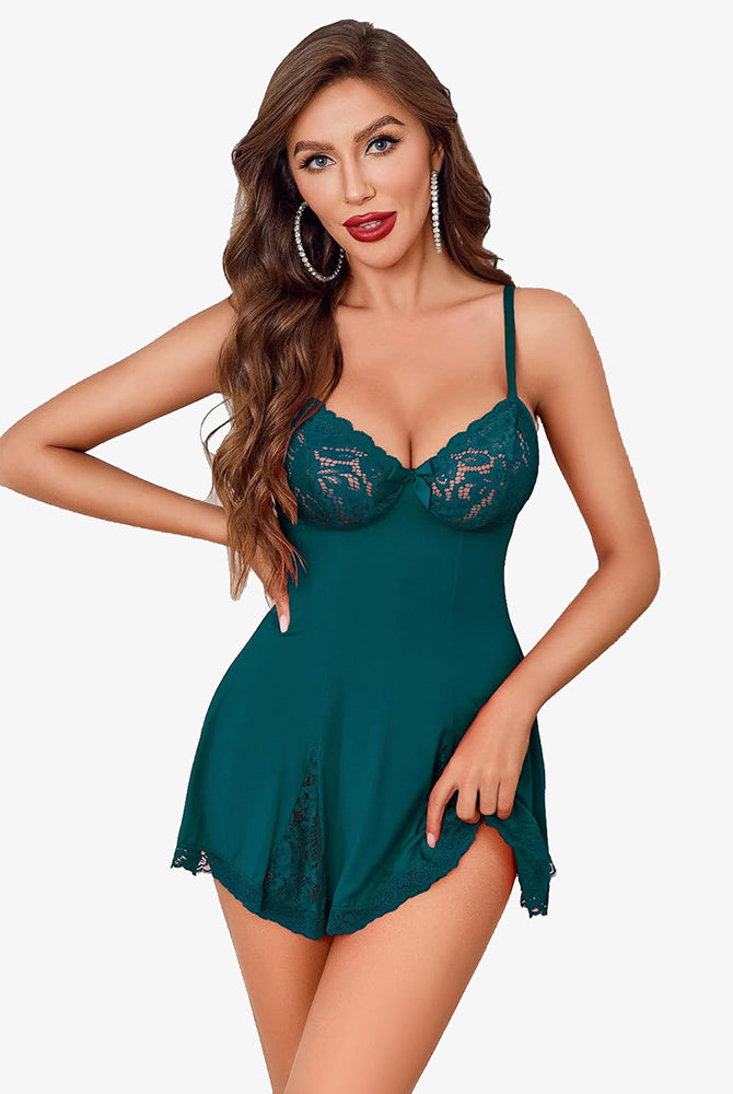 Teal lace chemise nighty with adjustable straps. Delicate lace details, perfect for sleepwear.