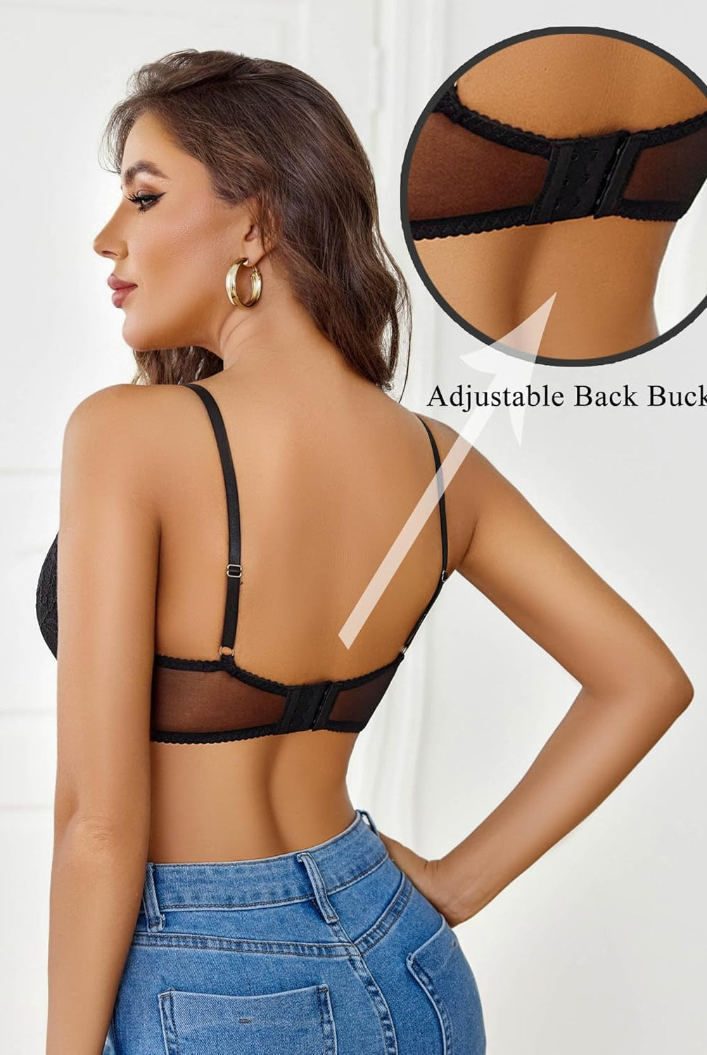 Avidlove black lace balconette bra with adjustable back buckle, offering a seductive look