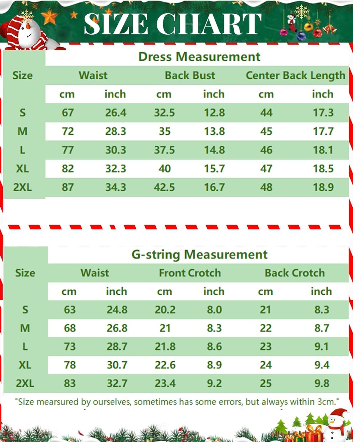 Mrs. Claus lingerie size chart. Measurements in cm and inches for sizes S-2XL. Red velvet outfit.