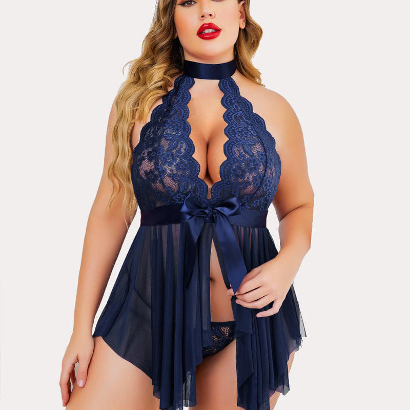 Plus Size Navy Blue Lace Babydoll Lingerie with Halter Neck and Satin Bow