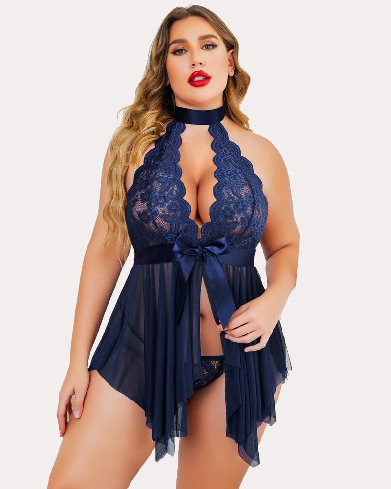 Plus Size Navy Blue Lace Babydoll Lingerie with Halter Neck and Satin Bow