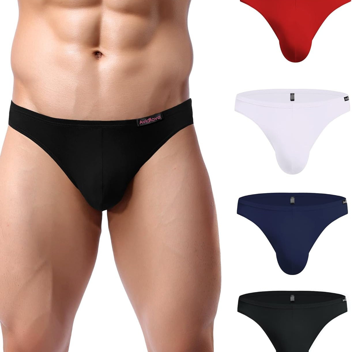Men's low-rise hip briefs in black, red, white, and navy colors