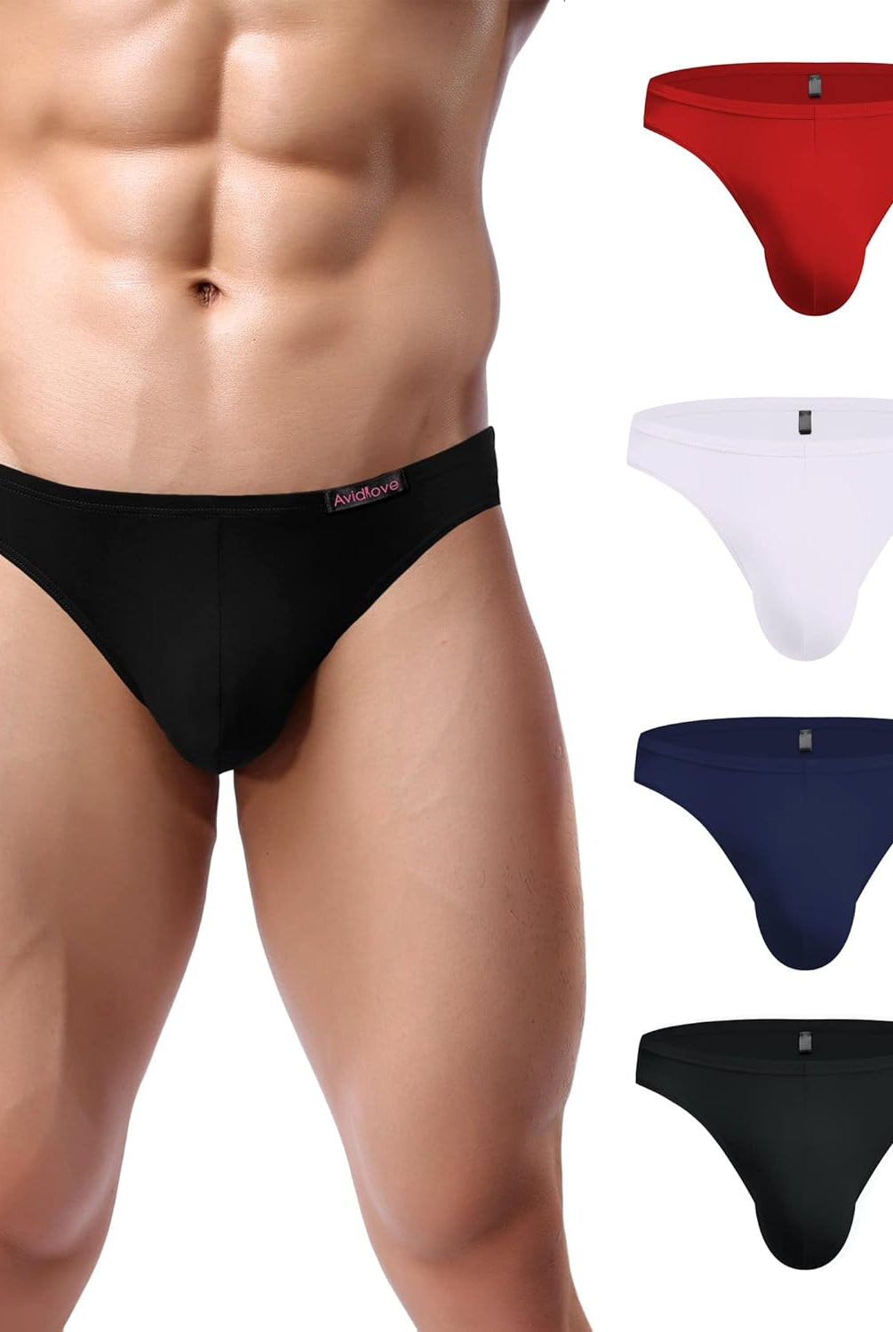 Men's low-rise hip briefs in black, red, white, and navy colors