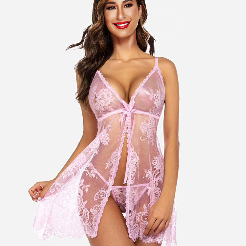 Pink floral lace V-neck open front negligee set with adjustable straps and G-string. Sexy lingerie.