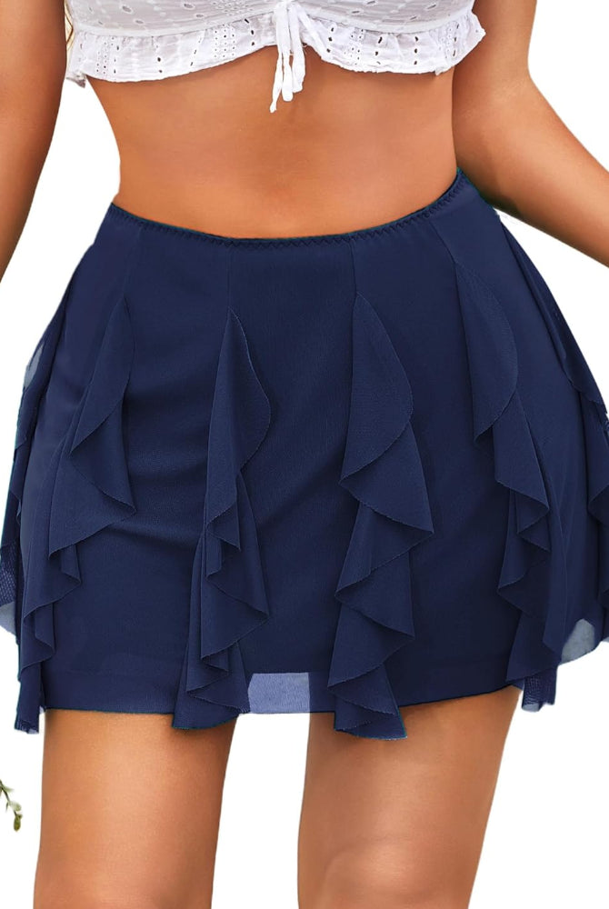 Navy layered ruffle mini skirt with tiered flounces and elastic waist