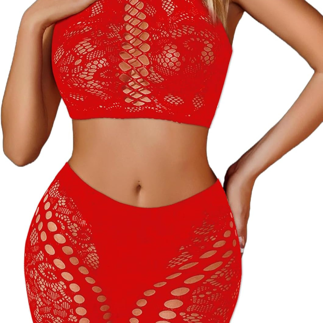 Red fishnet crop top and shorts lingerie set. Sexy and elegant design for showing curves.