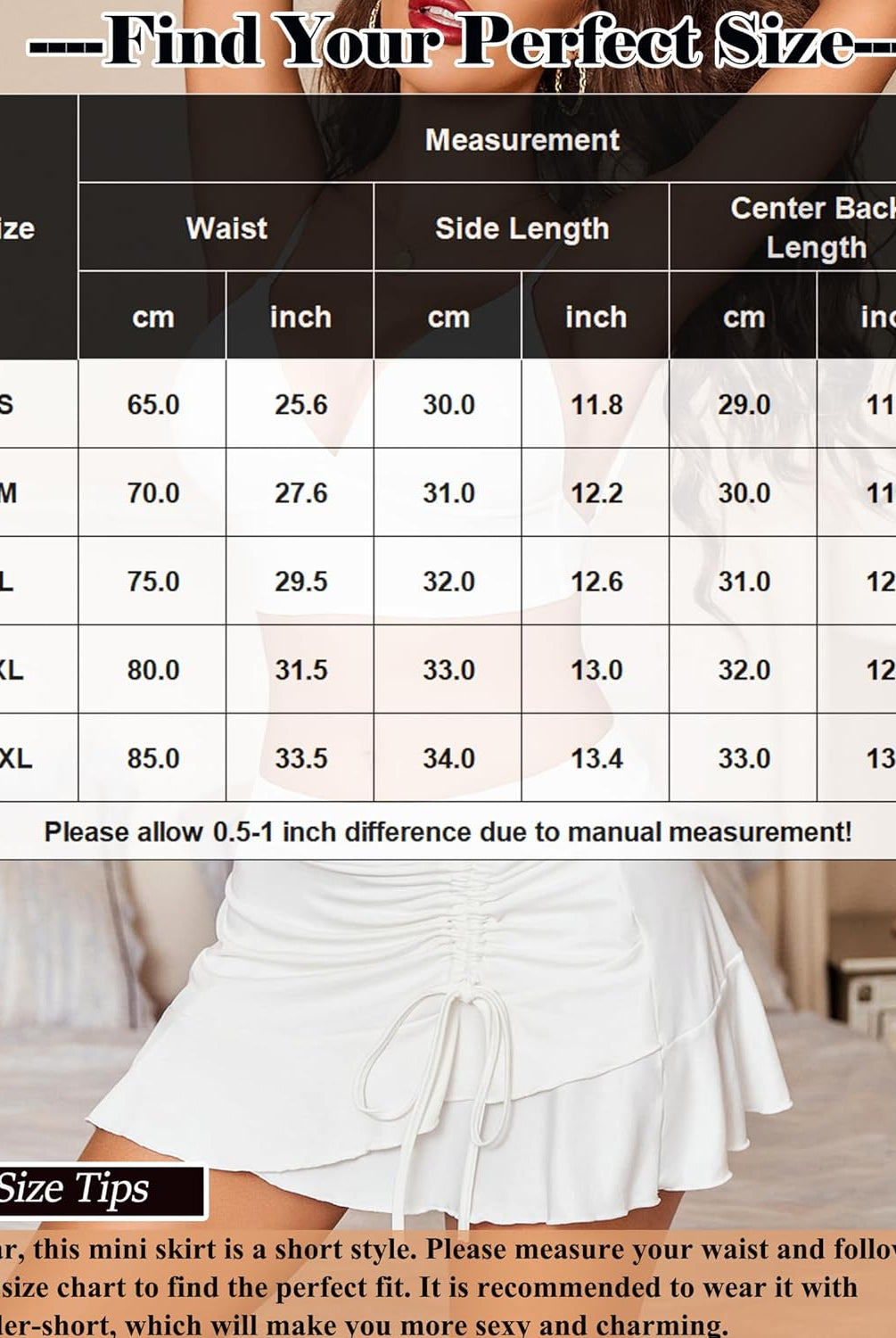 White pleated mini skirt size chart. Find the perfect fit for your sexy and charming outfit.