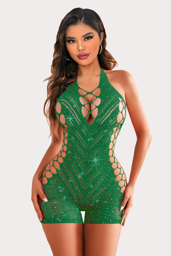 Green rhinestone fishnet romper with halter neck and cut-out design from Avidlove lingerie