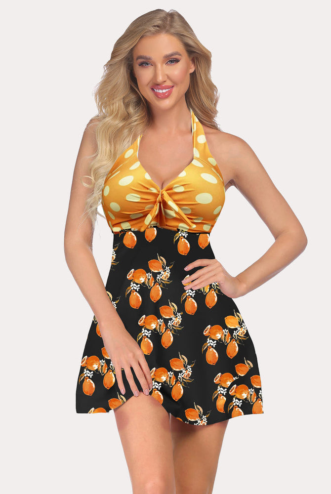 Retro Polka Dot Halter Tankini Swimsuit with Fruit Pattern - Sun Protection Swimwear