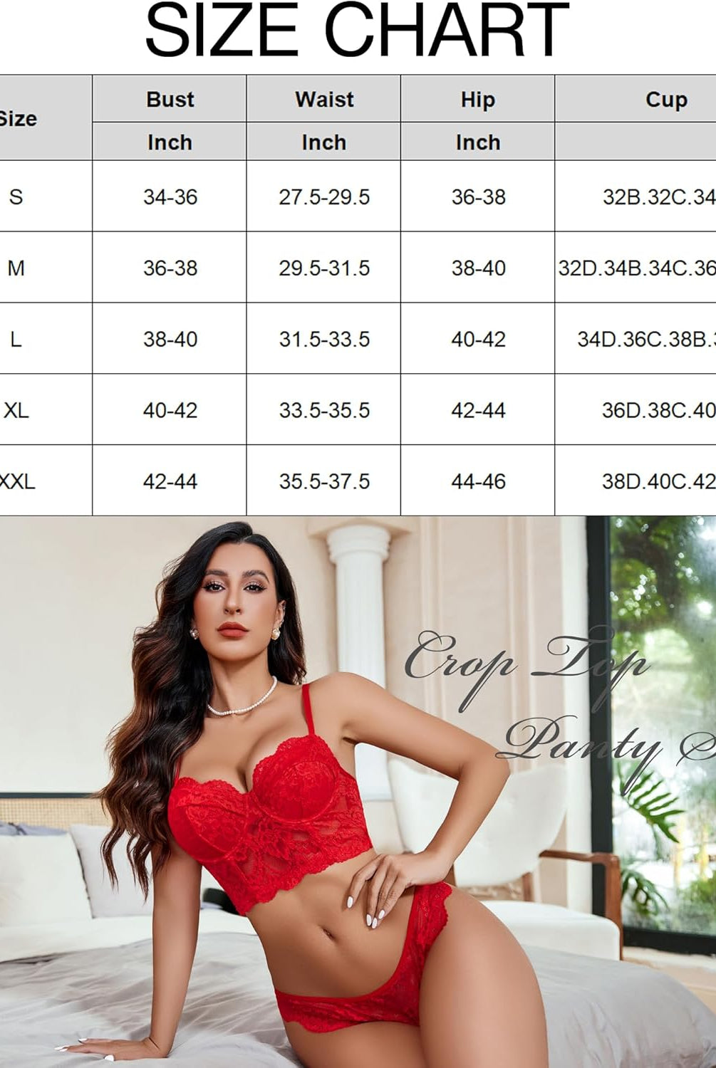Red lace crop top bra and panty set on a woman, with size chart, sexy lingerie set for women