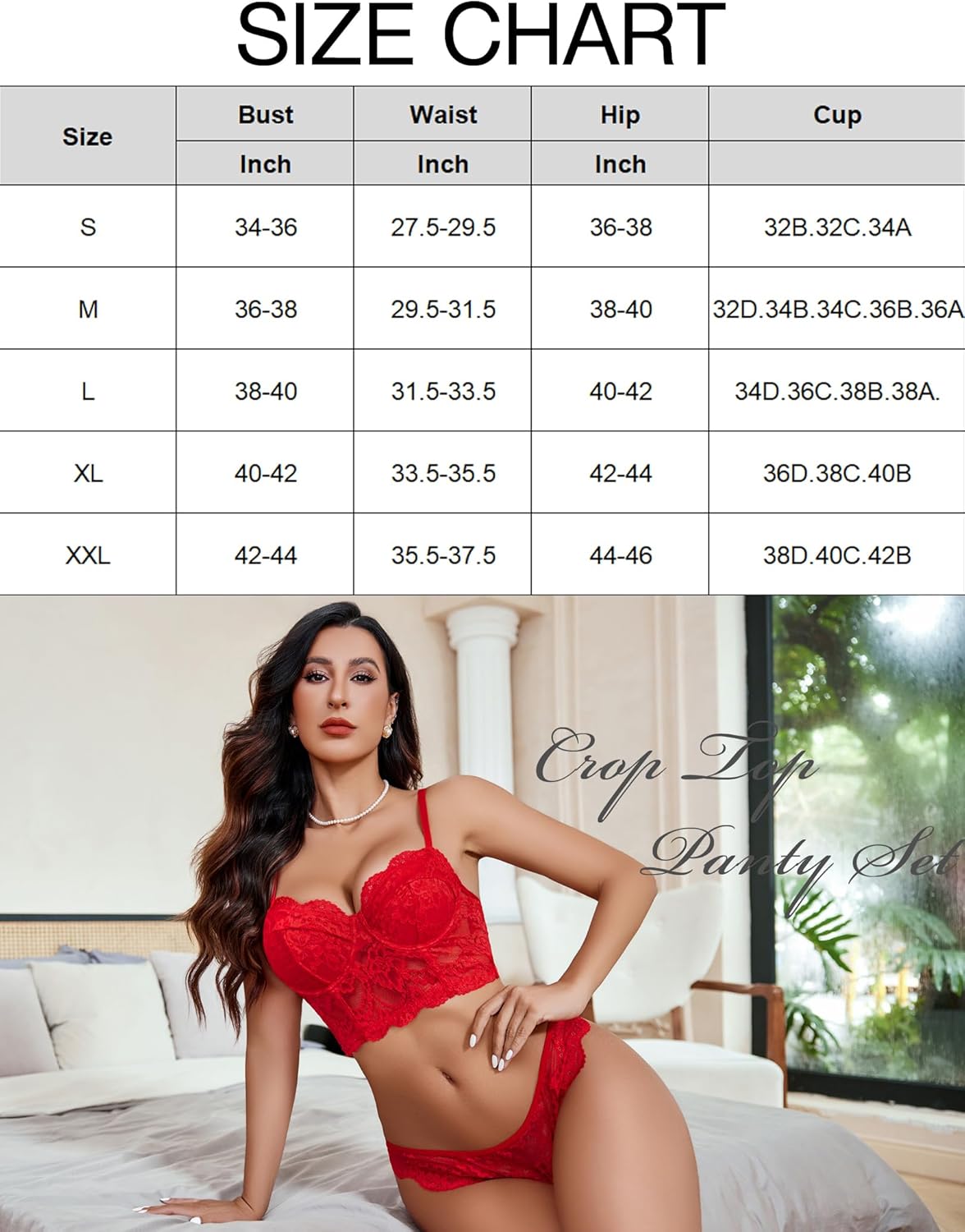 Red lace crop top bra and panty set on a woman, with size chart, sexy lingerie set for women