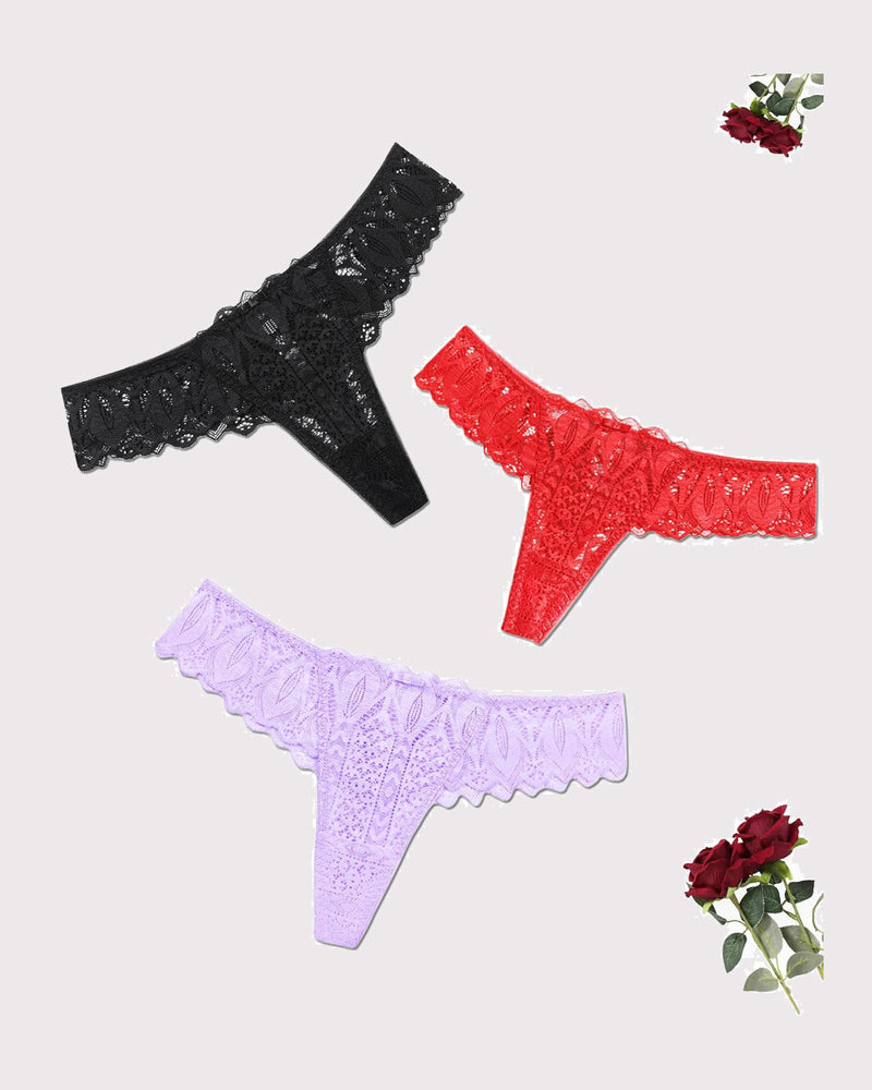 Lace thong underwear set in black, red, and light purple