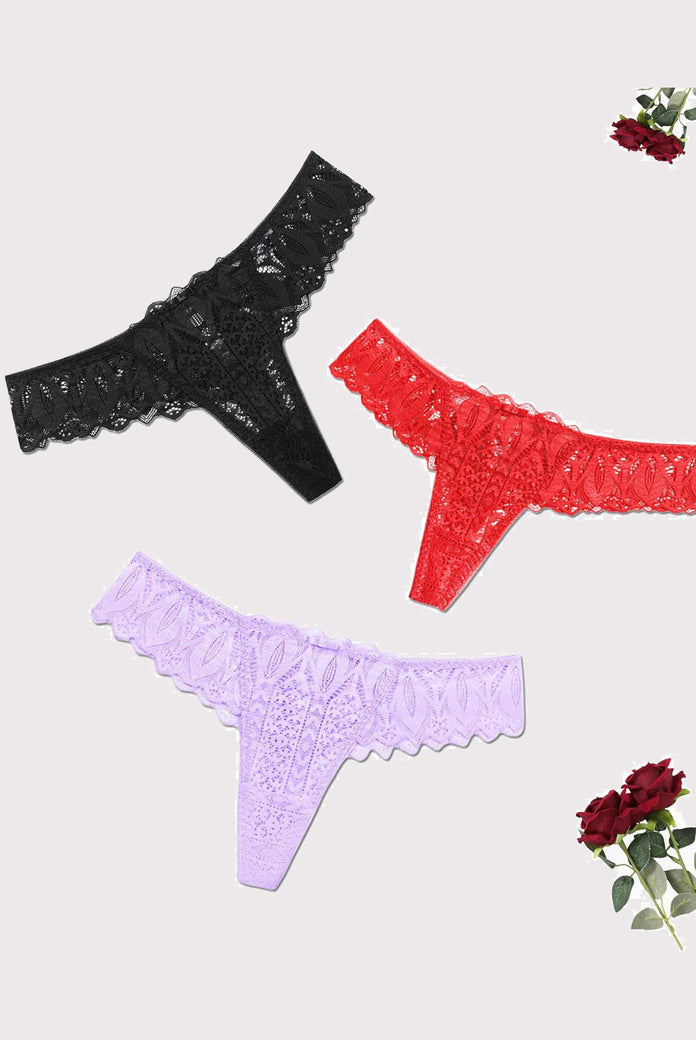 Black, red, and lavender lace thongs. Low waist, cross-back design for a sexy and elegant look.
