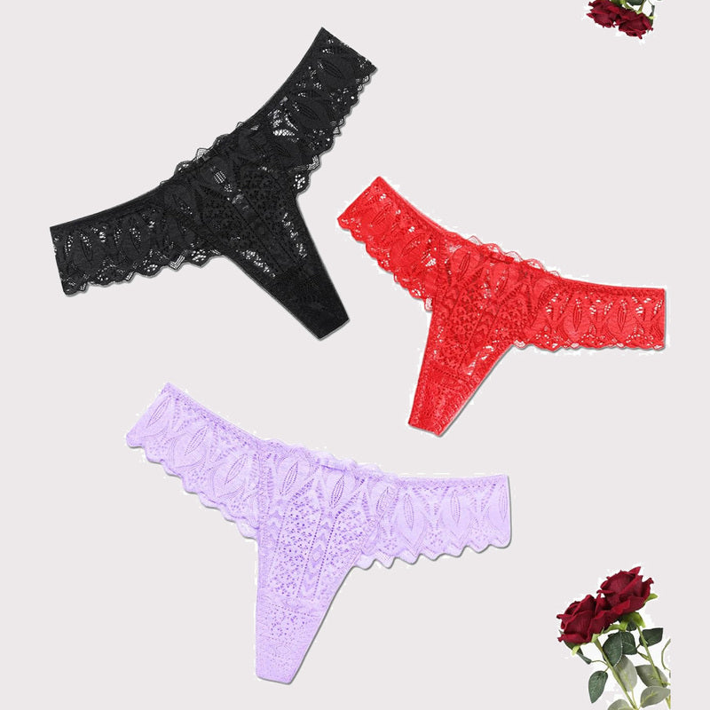 Black, red, and lavender lace thongs. Low waist, cross-back design for a sexy and elegant look.