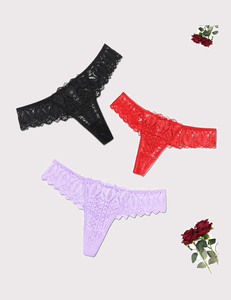 Black, red, and lavender lace thongs. Low waist, cross-back design for a sexy and elegant look.