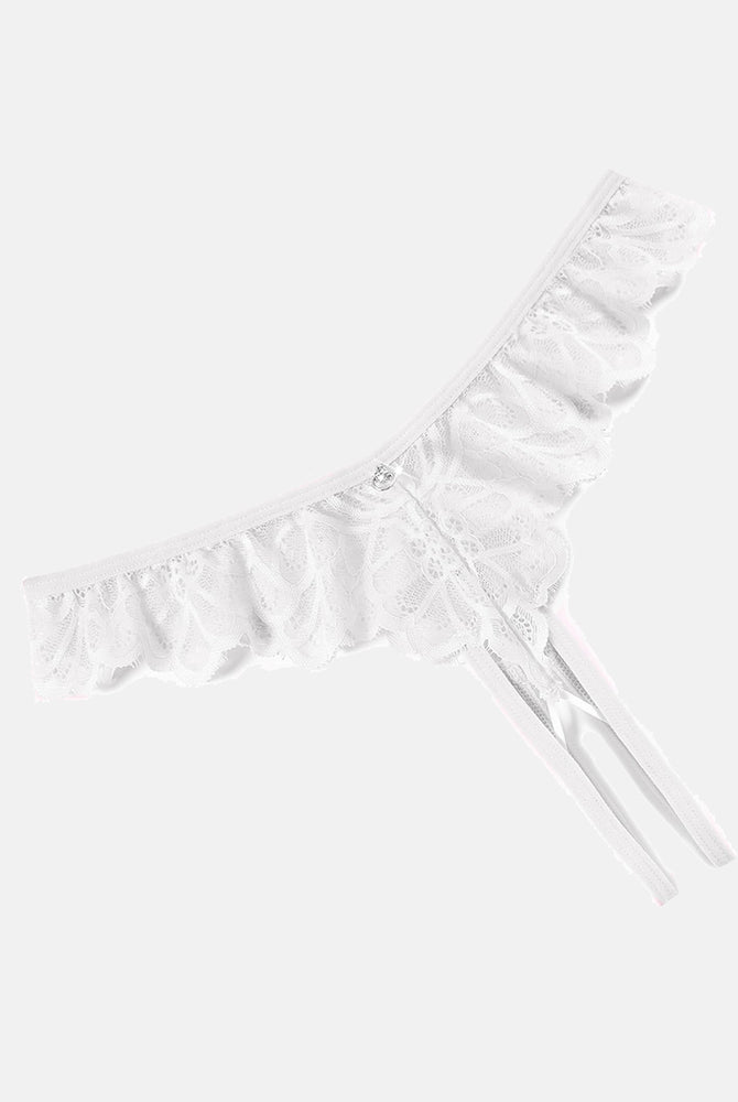 White lace thong briefs with criss-cross design and ruffle trim, perfect for special occasions