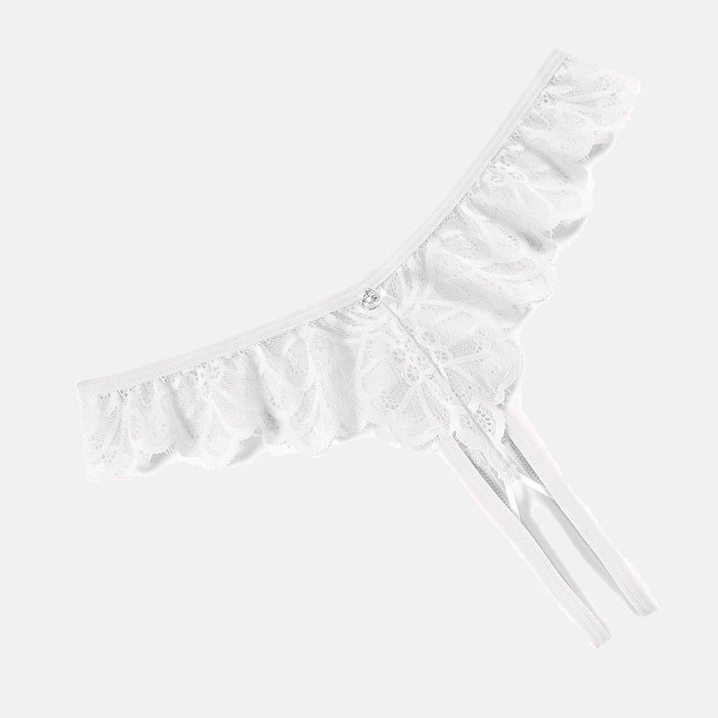 White lace thong briefs with criss-cross design and ruffle trim, perfect for special occasions
