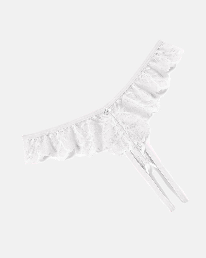 White lace thong briefs with criss-cross design and ruffle trim, perfect for special occasions