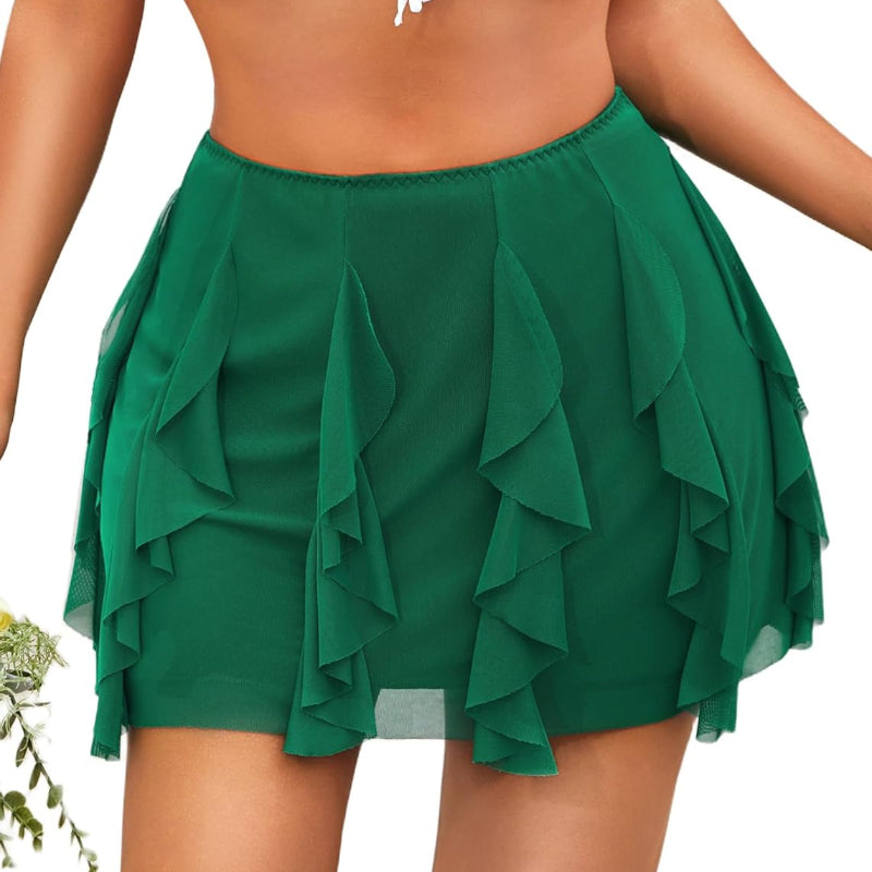Green layered ruffle mini skirt with tiered flounces and elastic waist