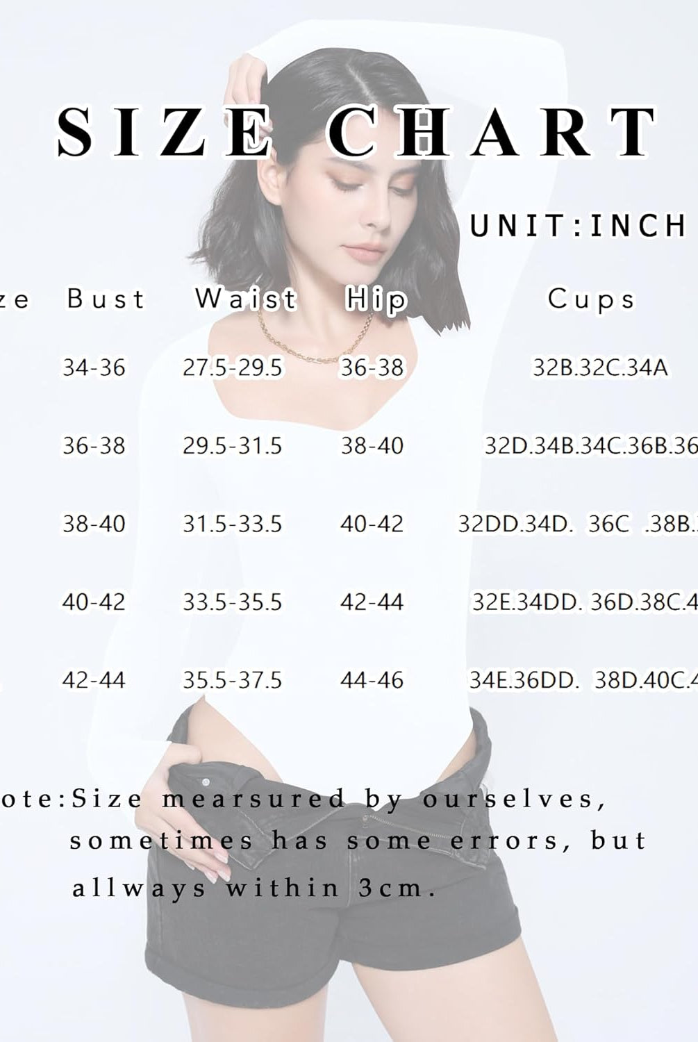 Sweetheart neck bodysuit size chart: Bust, waist, hip measurements in inches with cup size guide.