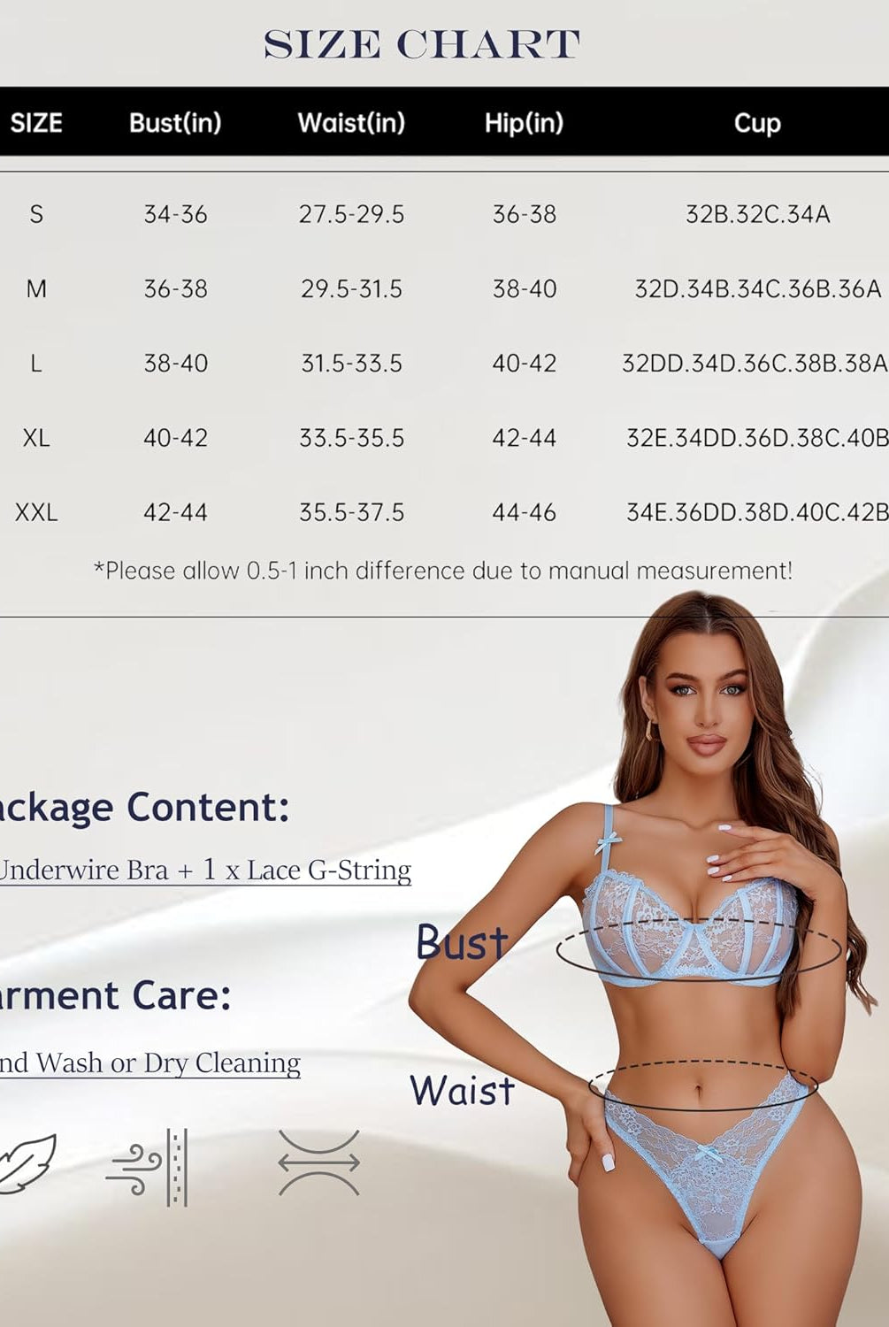 Lace lingerie set size chart. Light blue underwire bra and panty set. Hand wash or dry clean.