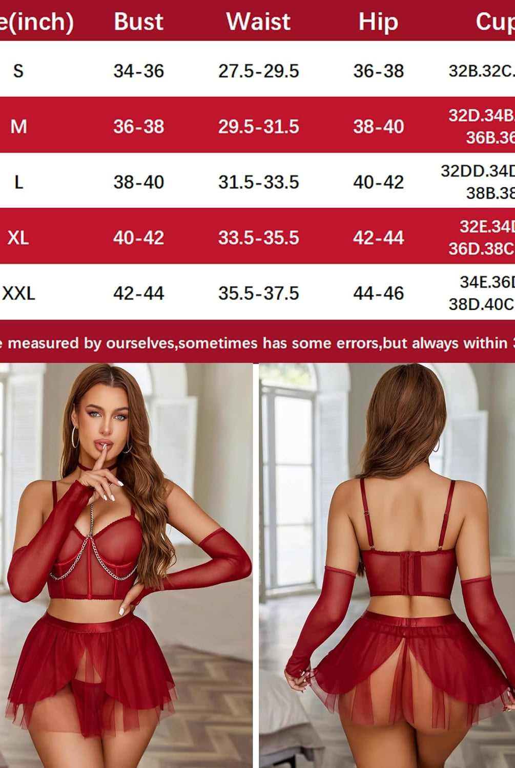 Red chain linked bustier lingerie set with mini ruffle skirt, sexy design, size chart