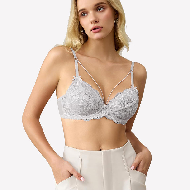 Light gray lace unlined strappy bra with underwire support and strappy details. Sexy lingerie.