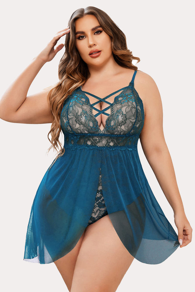 Plus size teal lace nighty with snap crotch, criss-cross bust and babydoll design