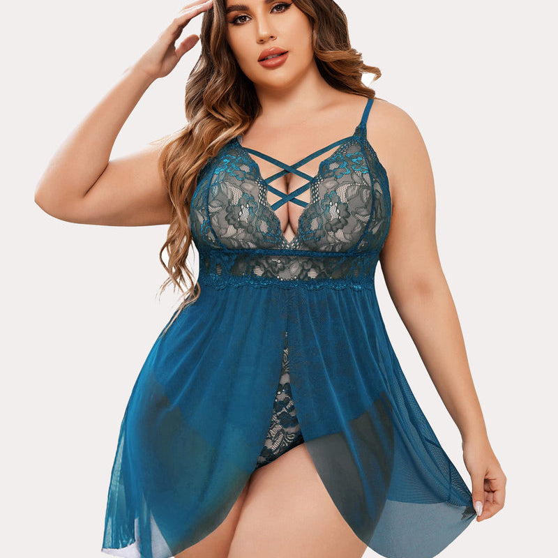 Plus size teal lace nighty with snap crotch, criss-cross bust and babydoll design