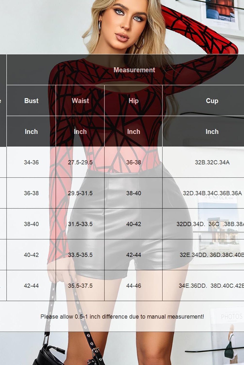 Cut-out red mesh bodysuit size chart: bust, waist, hip measurements for rave outfits.