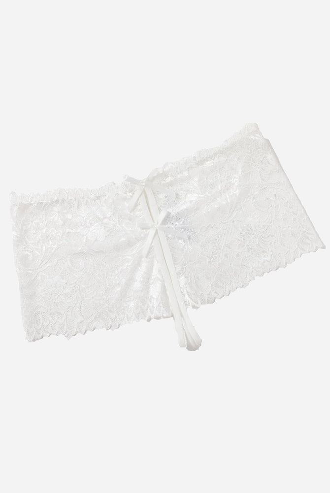 White lace high waist panty with bow details. Delicate floral lace design for sexy lingerie.