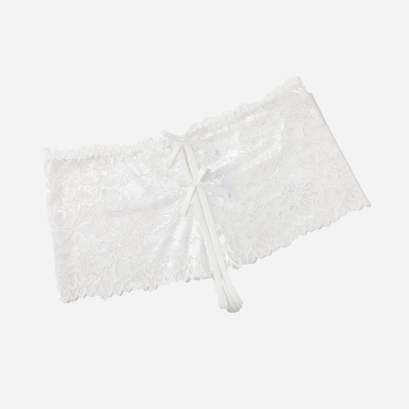 White lace high waist panty with bow details. Delicate floral lace design for sexy lingerie.