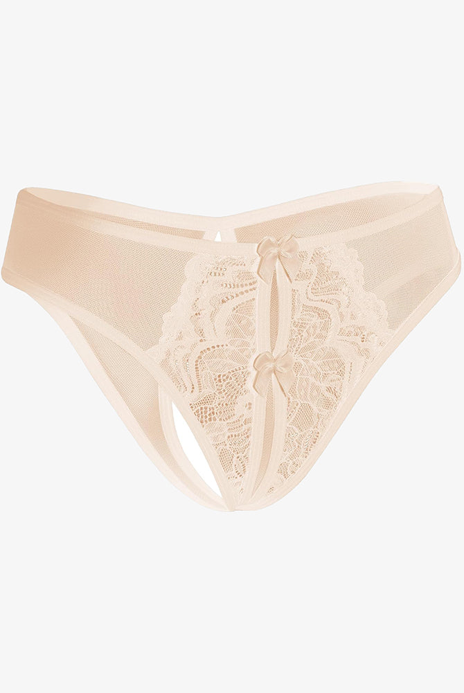 Beige mesh panties briefs with open crotch design, lace details, and bows - Sexy lingerie