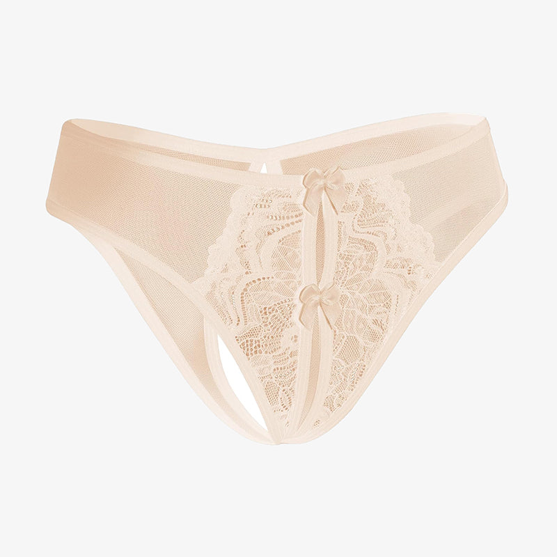 Beige mesh panties briefs with open crotch design, lace details, and bows - Sexy lingerie