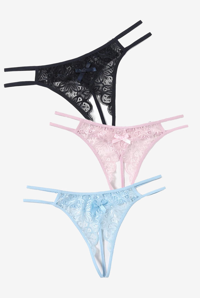 Floral lace briefs with cute bows in black, pink, and light blue. Sexy, low-rise design.