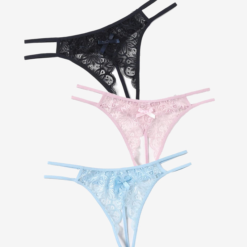 Floral lace thong briefs set with cute bow, in black, pink, and light blue